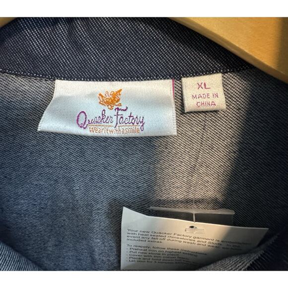 Quacker Factory XL Knit Denim Blouse Button Rhinestones Collar Tab Pocket - Picture 2 of 11